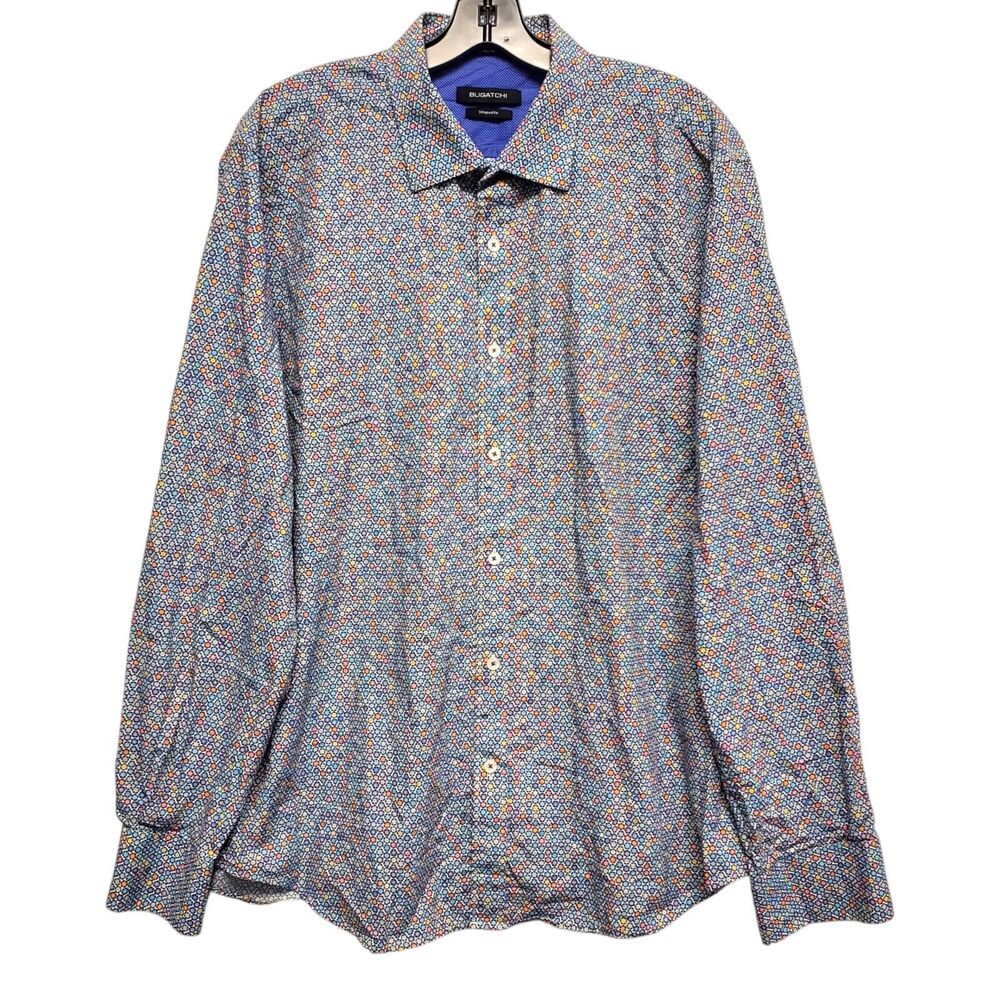 BUGATCHI Shirt Mens Large Blue SHAPED FIT Geometric Floral Button Up Preppy